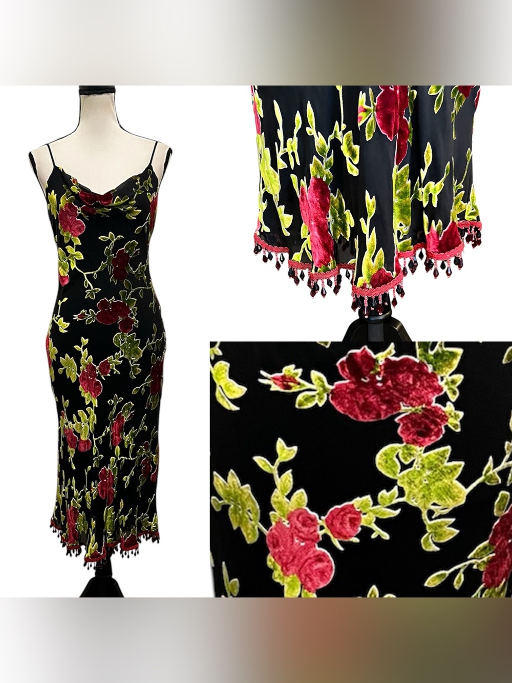 Vintage Betsey Johnson New York Sheer Mesh Velvet Burnout Bead Floral Slip Dress